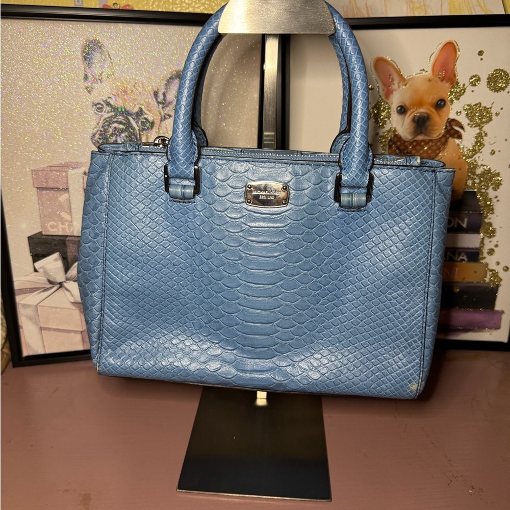 Michael Kors Kellen Sky Blue Embossed Medium Satchel Leather Bag
